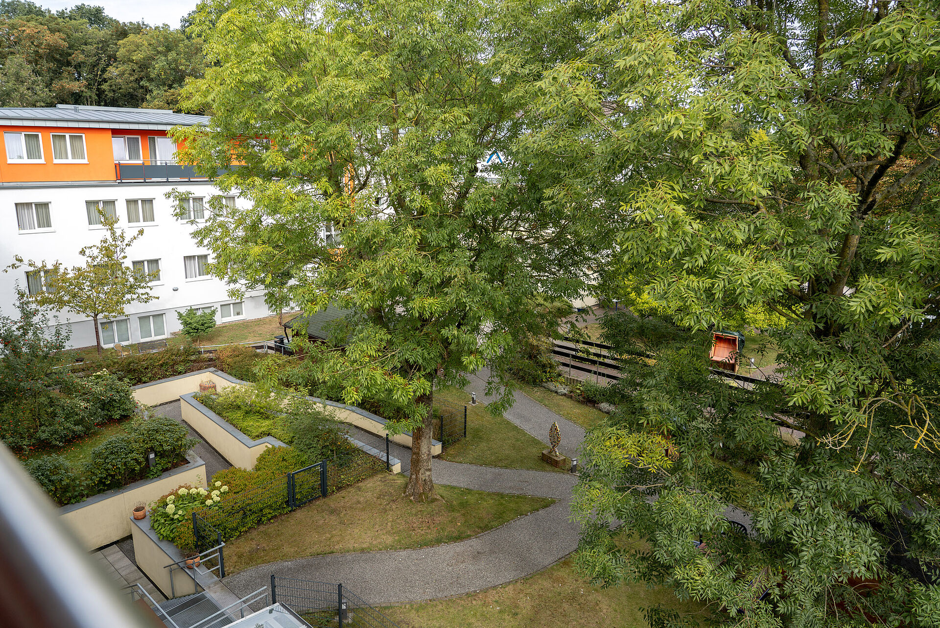 Blick in einen Innenhof, ein Großteil des Bildes wird durch einen Baum verdeckt.